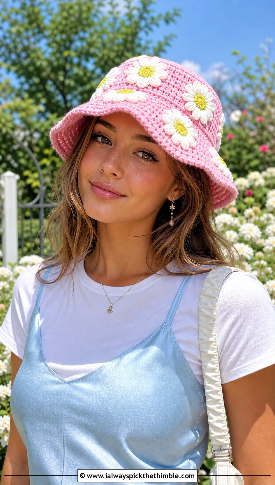 Daisy Crochet Bucket Hat With Slip Dress - 20 crocheting bucket hat outfit ideas