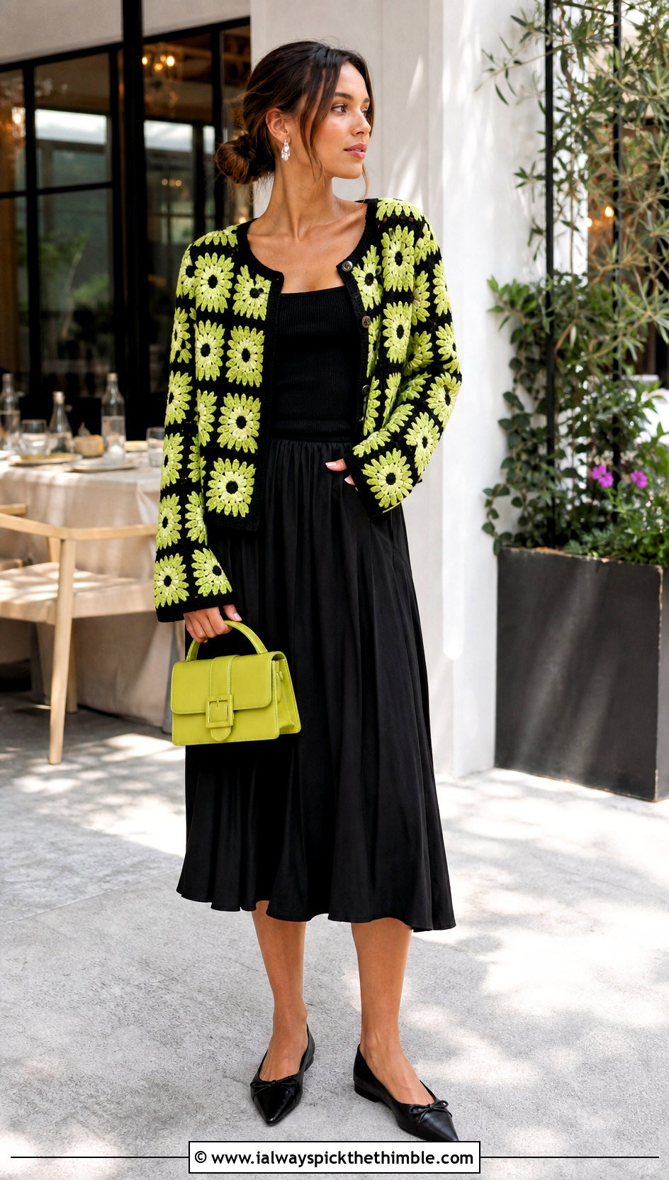 Daisy Crochet Cardigan With Black Midi Skirt - 20 two color crochet cardigan outfit ideas
