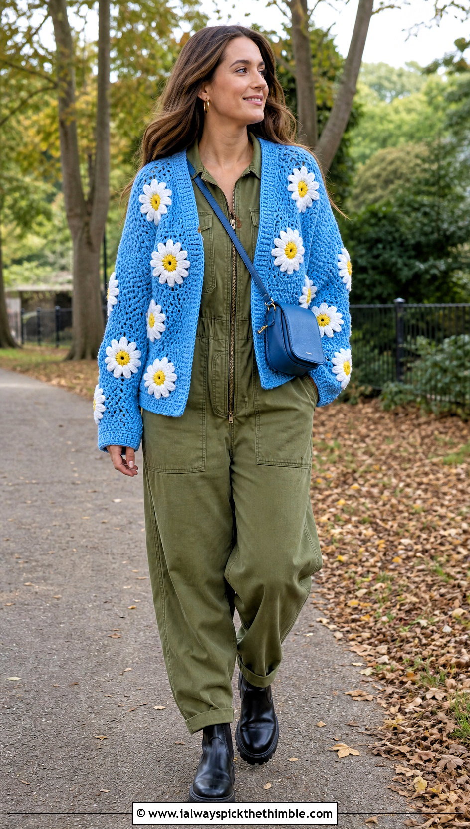 Daisy Crochet Cardigan With Utility Jumpsuit - 25 fall crochet cardigan outfit ideas