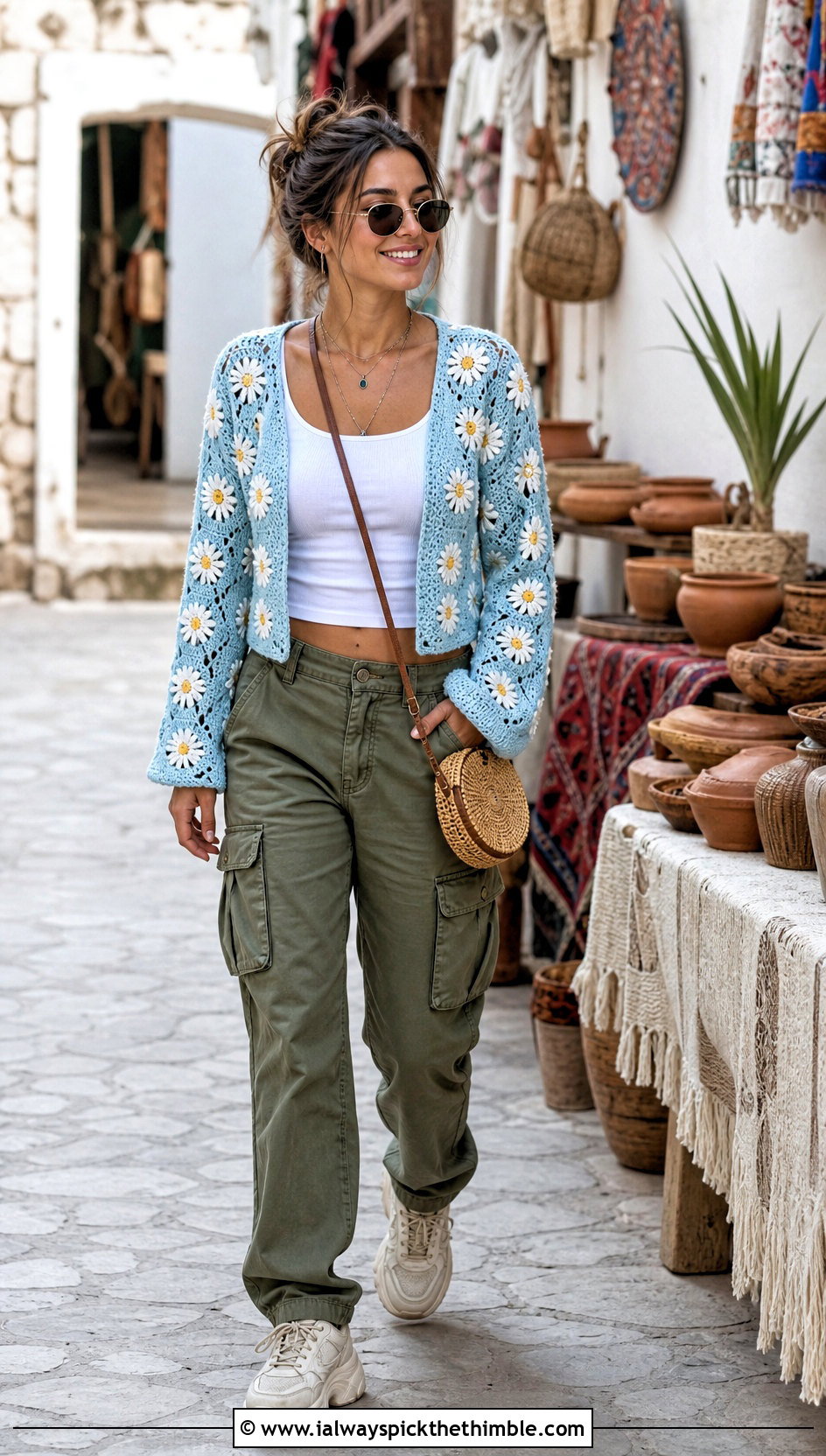 Daisy Crochet Crop Cardigan With Cargo Pants - 20 crochet crop cardigan outfit ideas