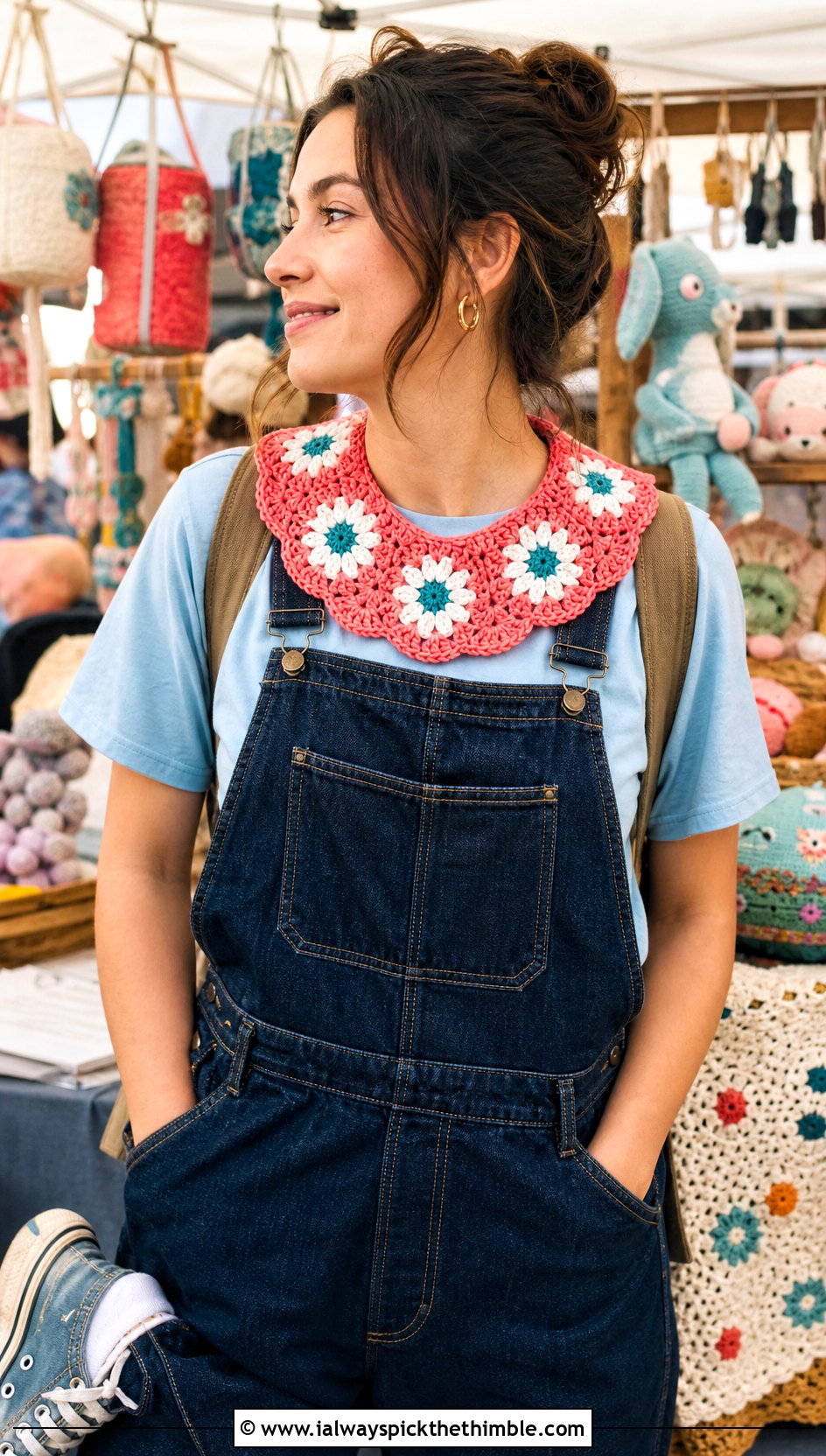 Daisy Crochet Doll Collar With Overalls And Canvas Sneakers - 20 Crochet Doll Collar outfit ideas