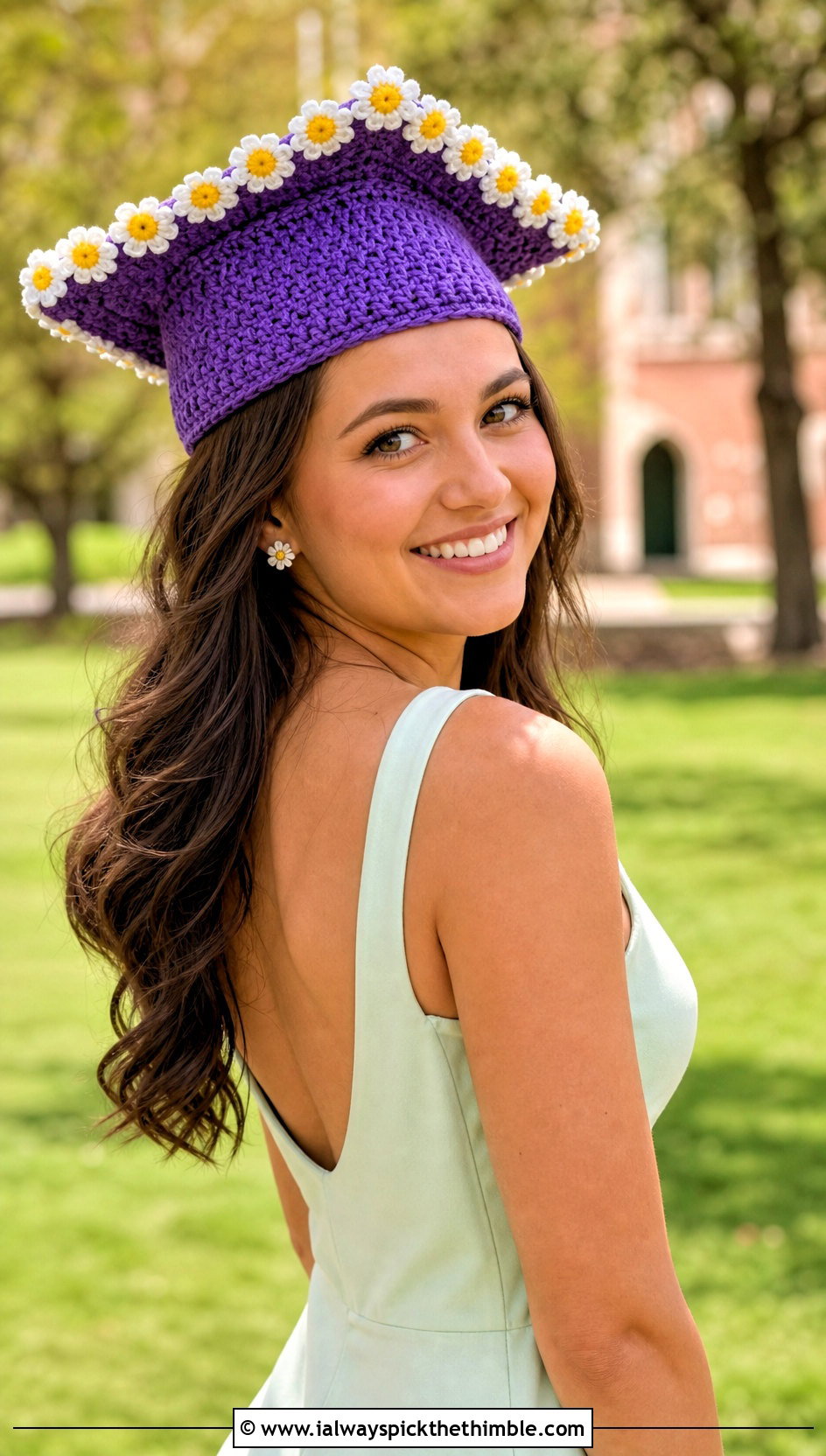 Daisy Crochet Graduation Cap With Pastel Mini Dress - 25 crochet graduation cap outfit ideas