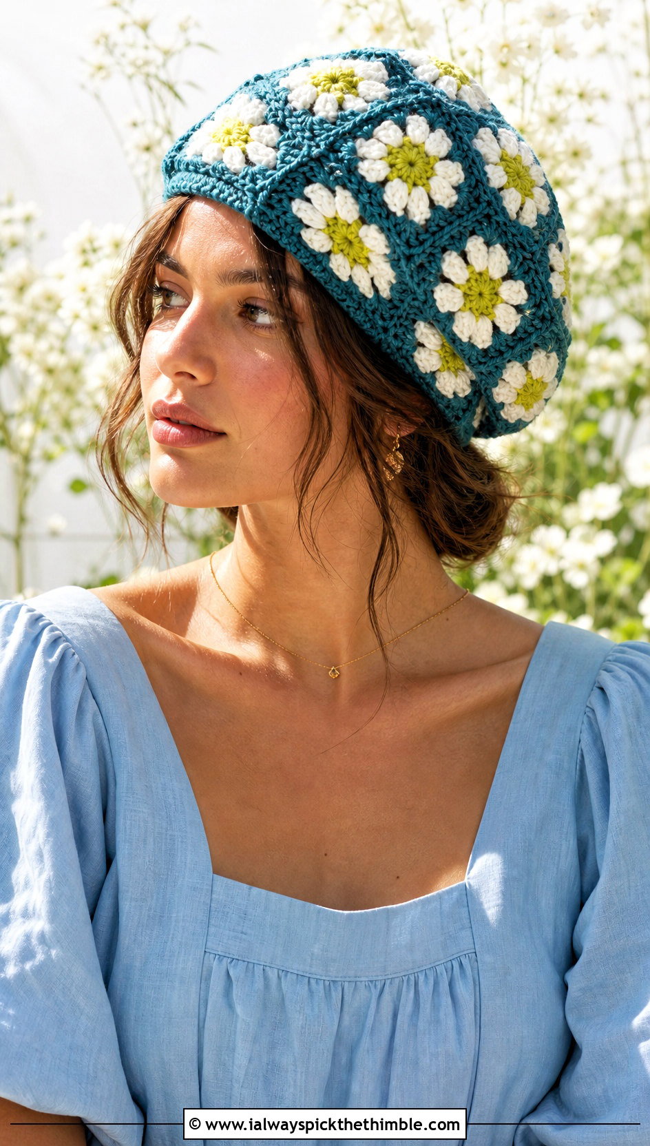 Daisy Crochet Granny Square Beret With Linen Dress - 20 Crochet Granny Square Beret outfit ideas