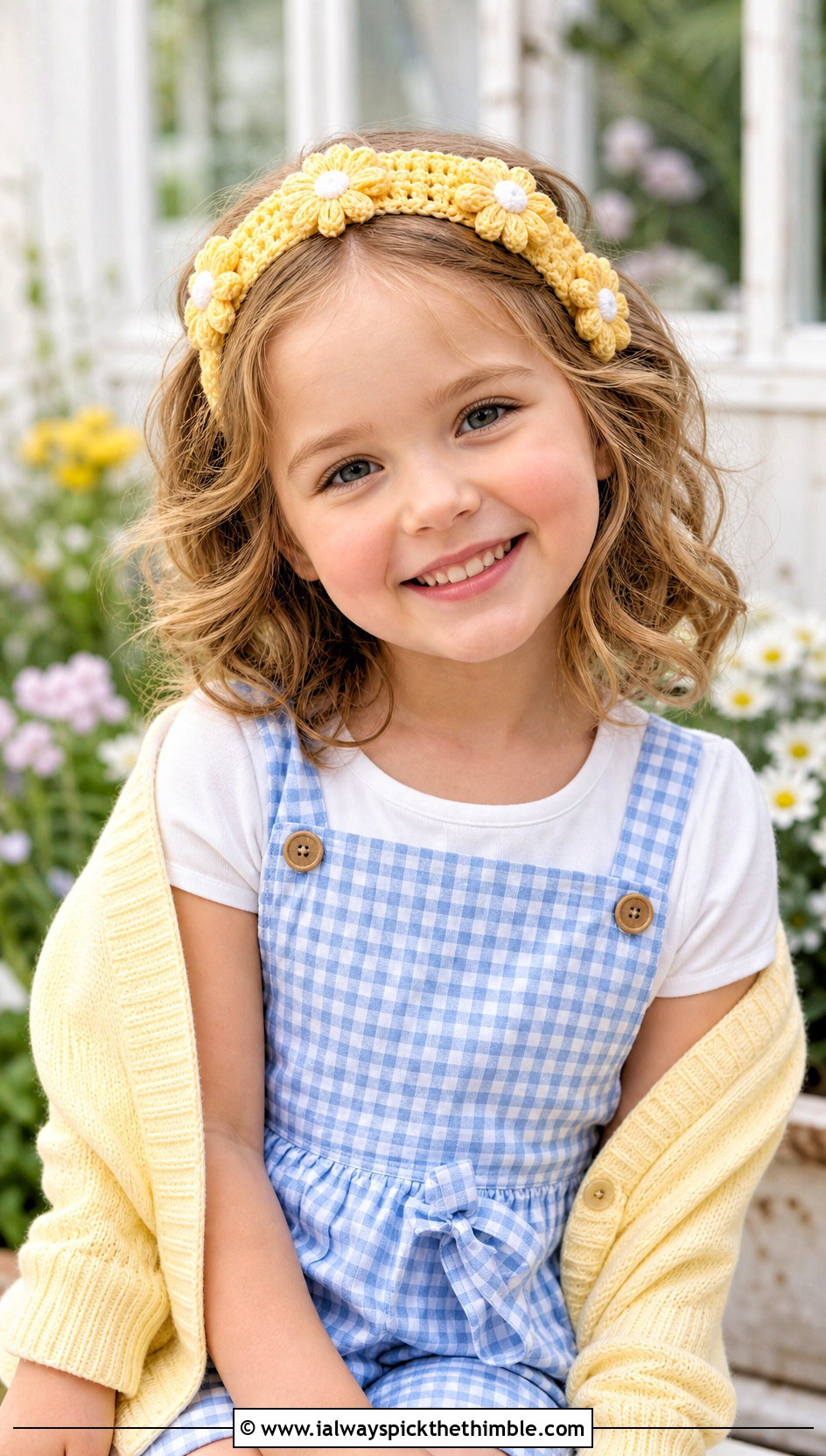 Daisy Crochet Headband With Gingham Romper - 15 Childrens Crochet Headband outfit ideas