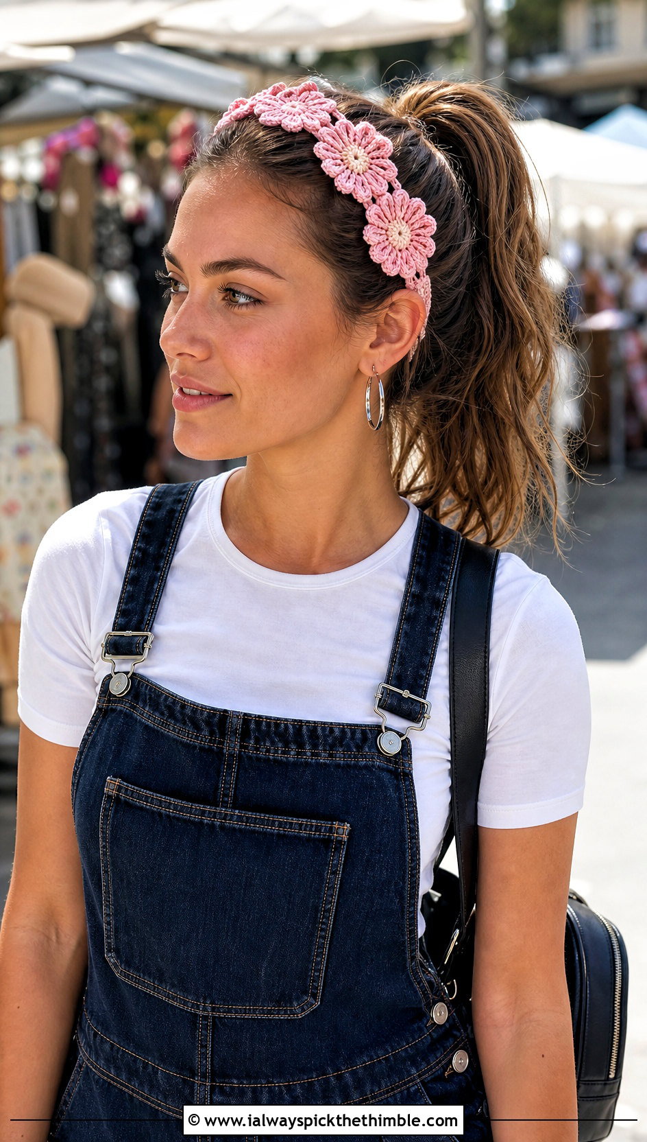 Daisy Crochet Lace Headband With Denim Overalls - 20 crochet lace headband outfit ideas