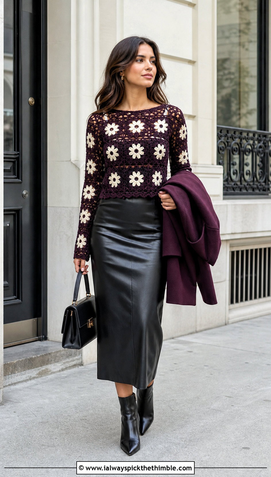 Daisy Crochet Long Sleeve Top With Leather Midi Skirt - 25 crochet daisy top outfit ideas