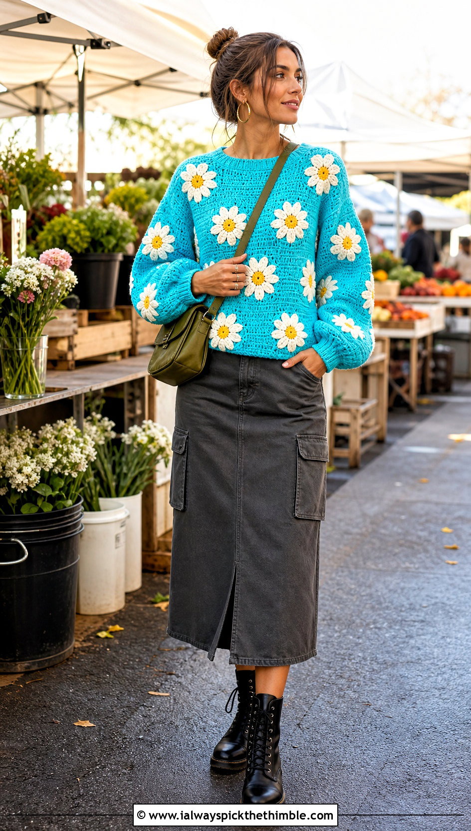 Daisy Crochet Mabel Sweater With Cargo Midi Skirt - 25 crochet mabel sweater outfit ideas