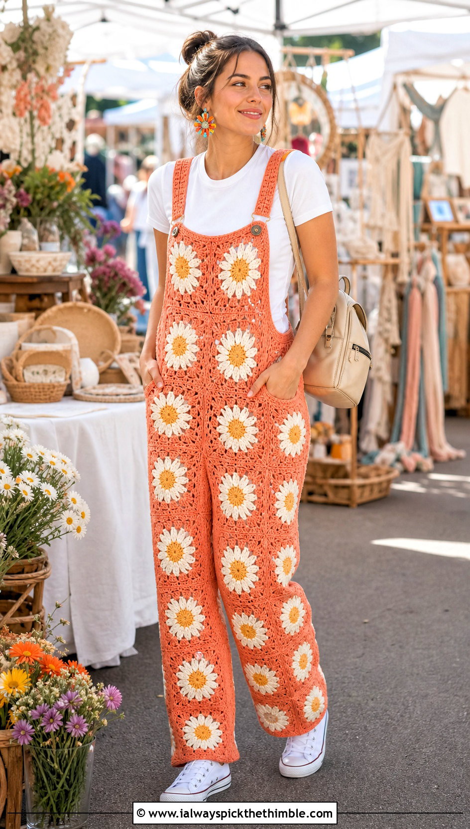 Daisy Crochet Overalls With White T Shirt - 20 Funny Crochet Clothes and outfit ideas
