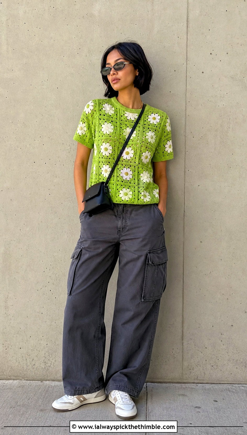 Daisy Crochet Short Sleeve Tee With Cargo Pants - 25 crochet daisy top outfit ideas