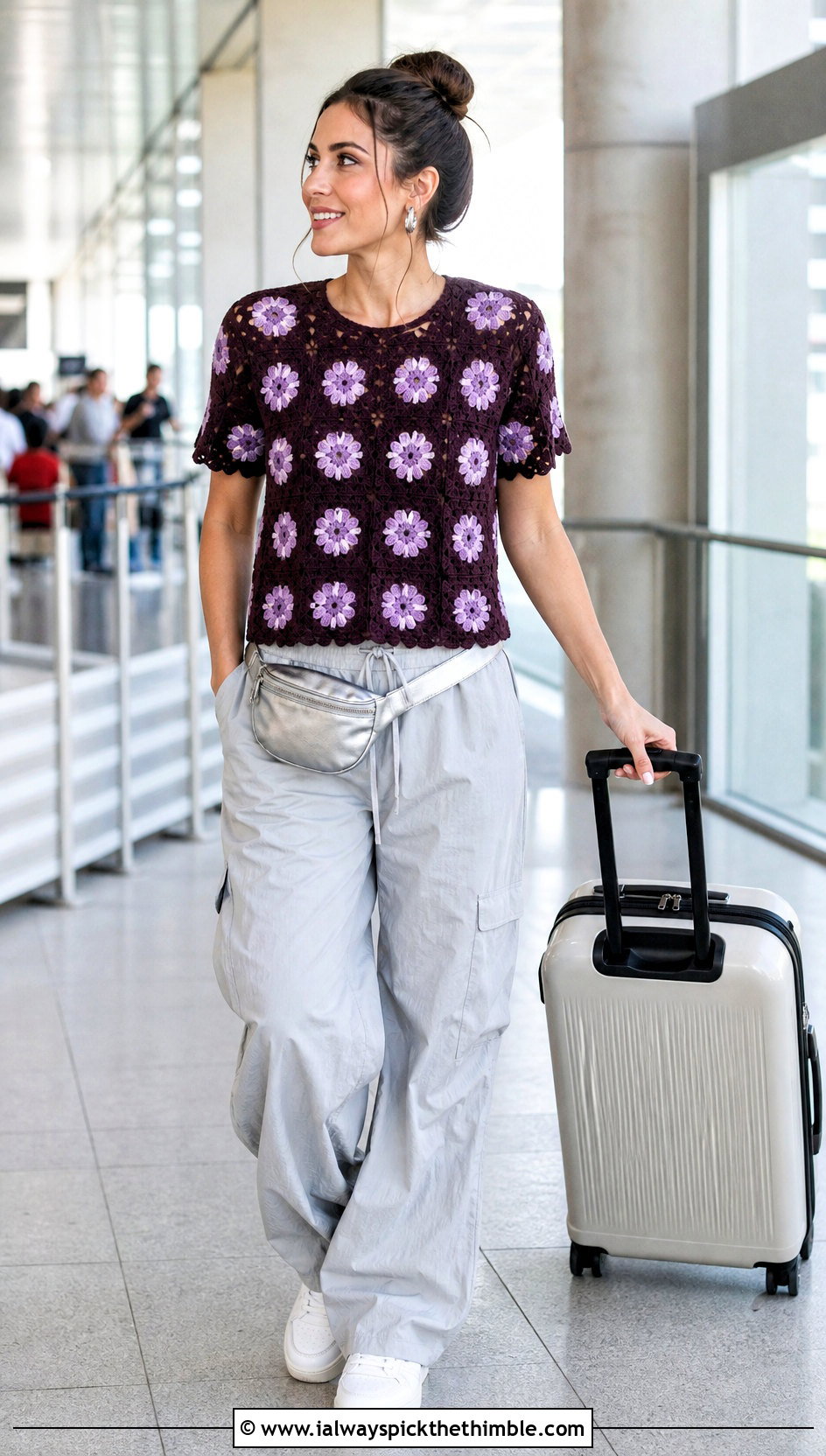 Daisy Crochet T Shirt Top With Parachute Pants - 20 flower crochet tops outfit ideas