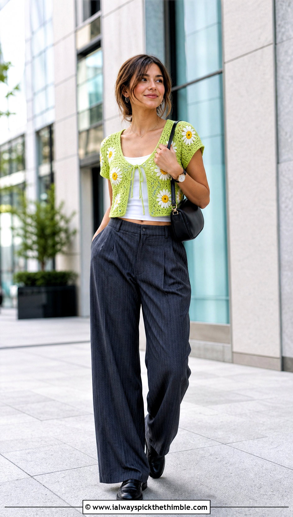 Daisy Crochet Tie Front Crop Top With Pinstripe Pants - 20 crochet flower crop top outfit ideas