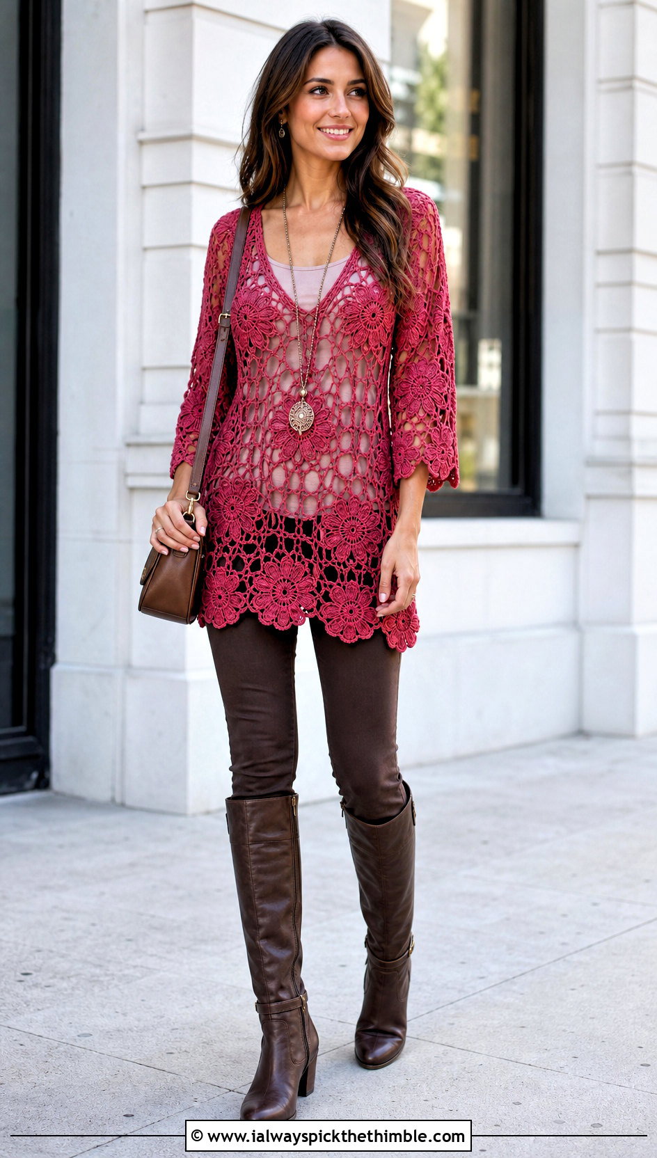 Daisy Crochet Tunic Top With Slim Pants - 25 crochet daisy top outfit ideas