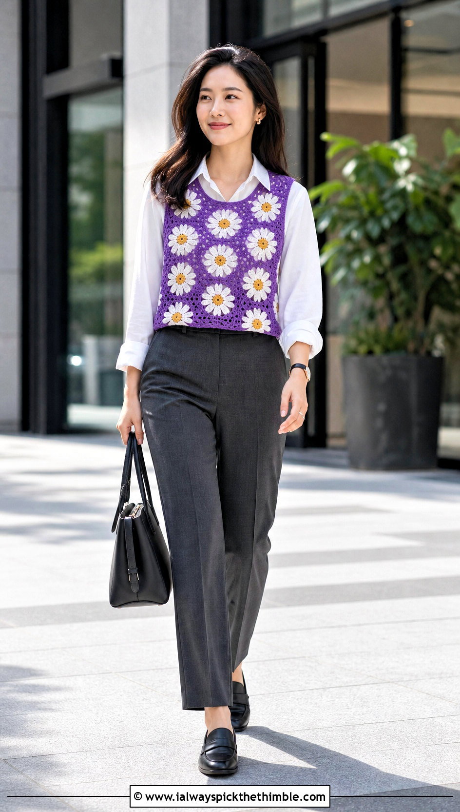 Daisy Crochet Vest Top With White Shirt And Trousers - 25 crochet daisy top outfit ideas