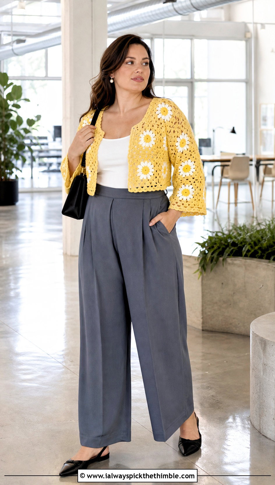 Daisy Cropped Granny Square Cardigan With Wide Leg Trousers - 20 Cropped Granny Square Cardigan outfit ideas