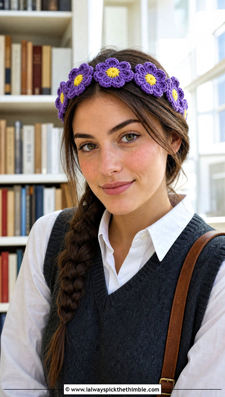 Daisy Crown Crochet Headband With Sweater Vest And Pleated Skirt - 15 daisy flower crochet headband outfit ideas