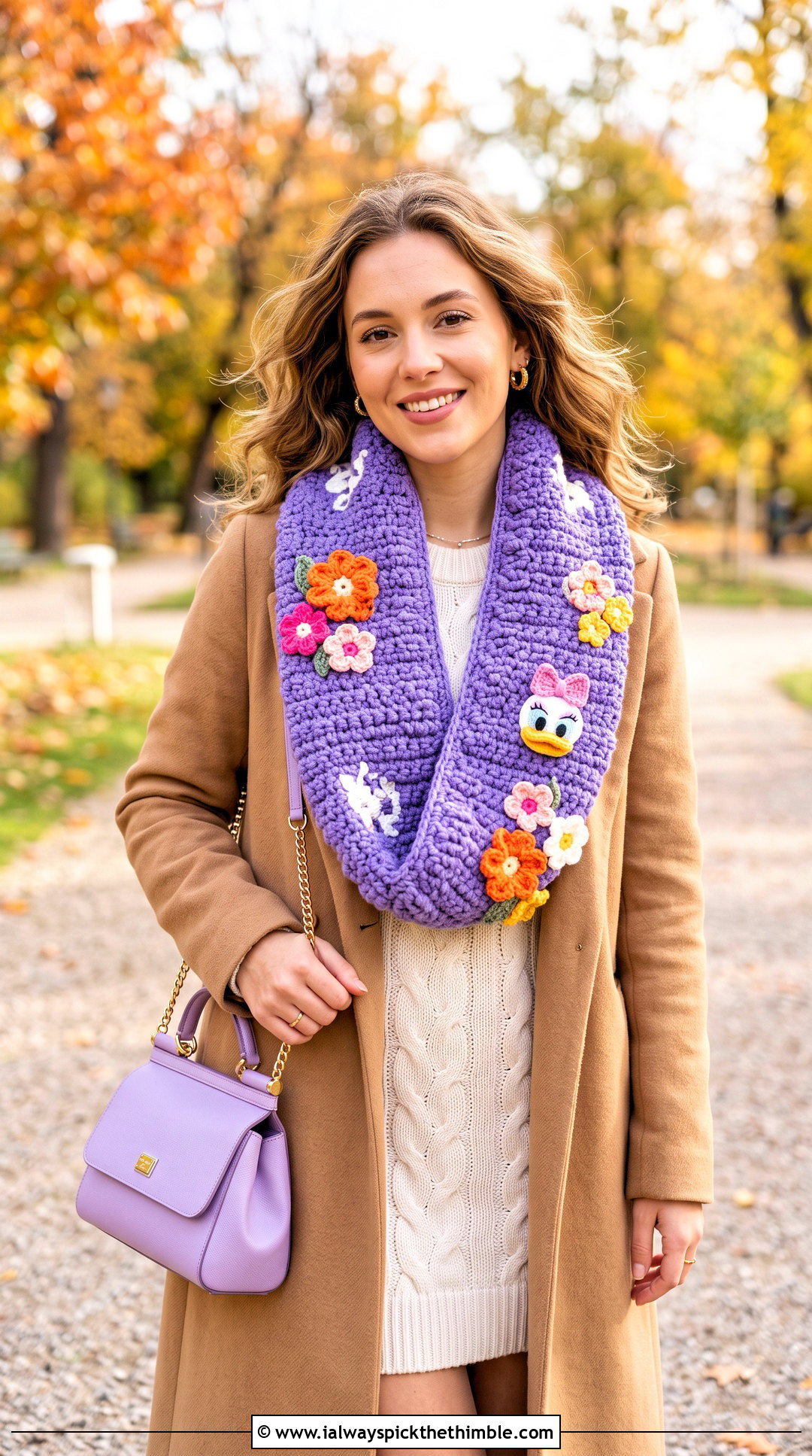 Daisy Duck Infinity Crochet Disney Scarf With Sweater Dress - 20 Crochet Disney Scarf outfit ideas