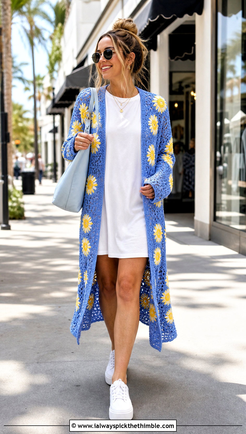 Daisy Duster Cardigan With T Shirt Dress - 25 Crochet Daisy Cardigan outfit ideas