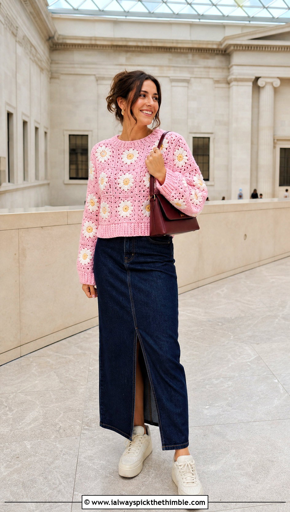 Daisy Giant Granny Square Sweater With Denim Maxi Skirt - 20 giant granny square sweater outfit ideas