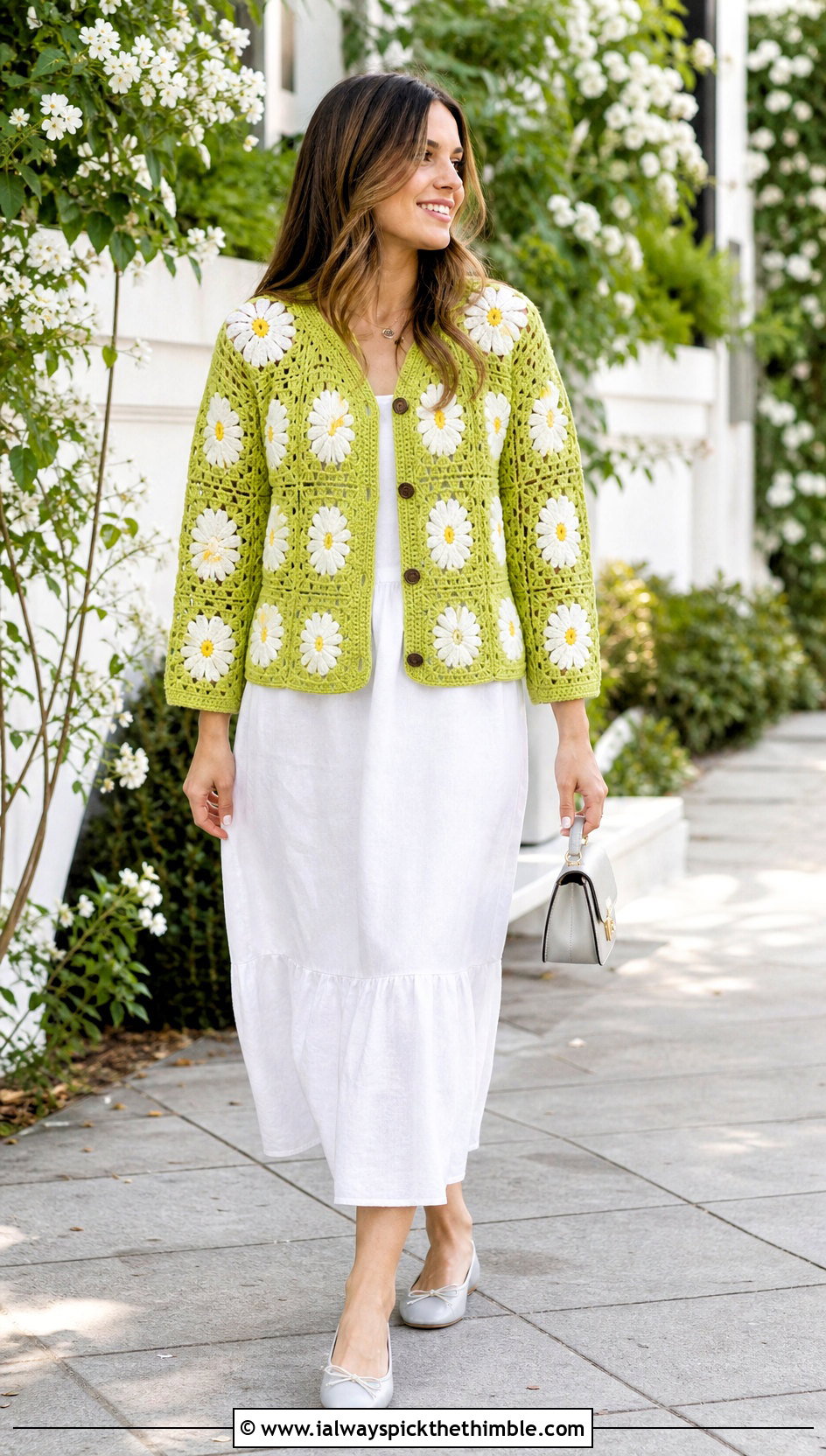 Daisy Granny Cardigan With White Midi Dress - 25 crochet granny cardigan outfit ideas