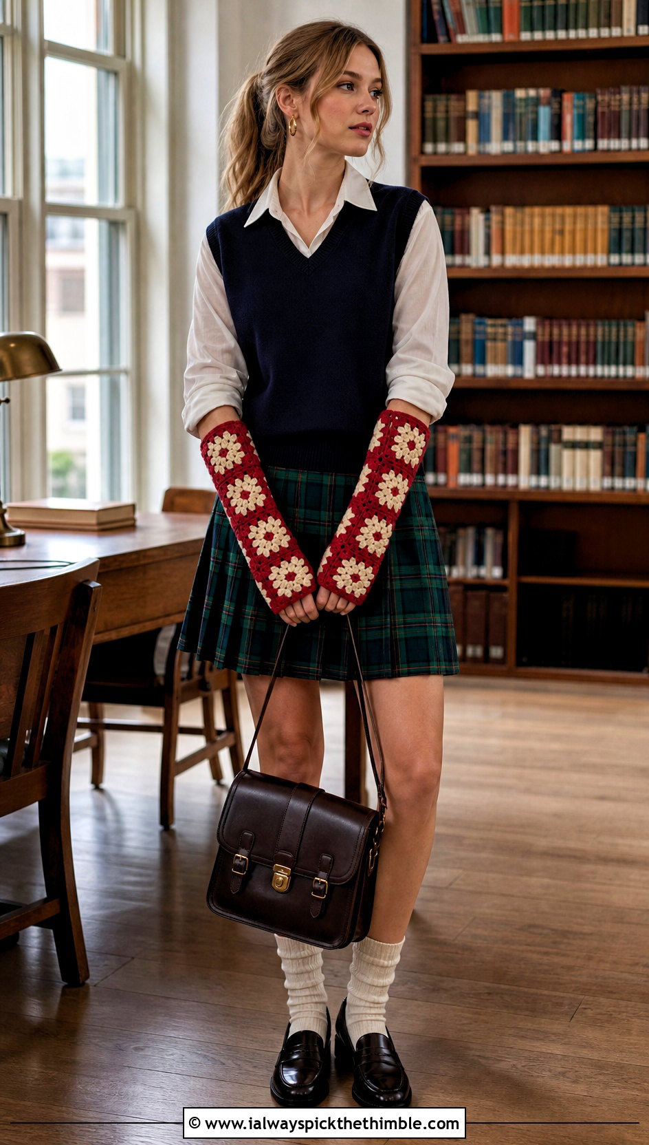 Daisy Granny Square Arm Warmers With Sweater Vest - 20 Granny Square Arm Warmers outfit ideas