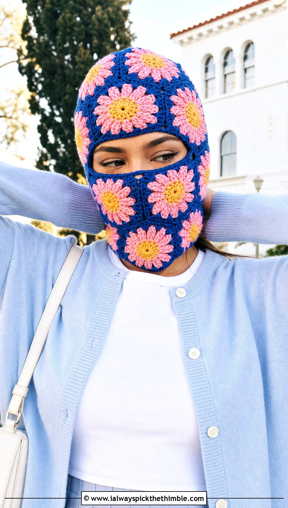 Daisy Granny Square Balaclava With Cardigan And Pleated Skirt - 25 granny square balaclava outfit ideas