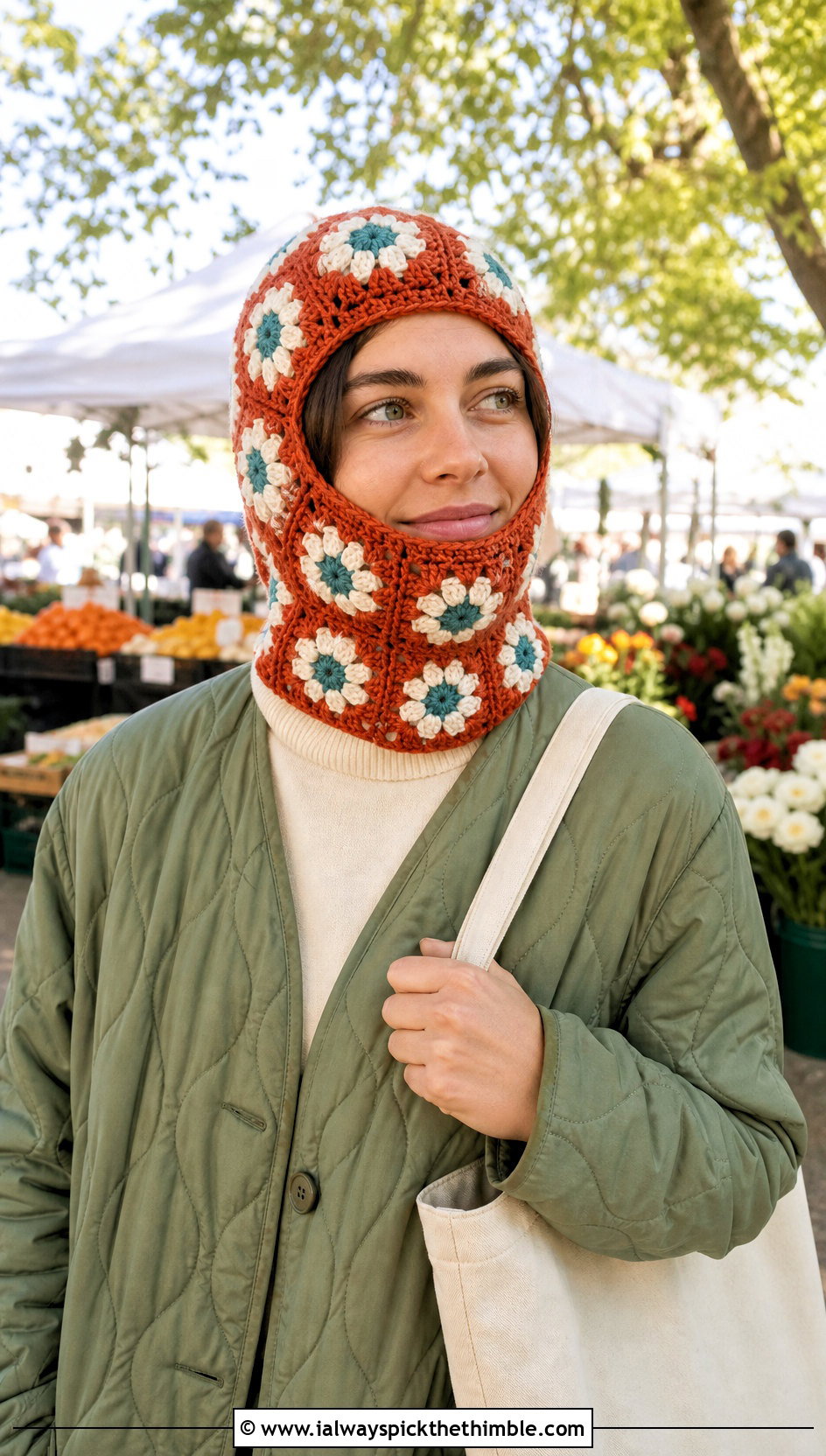 Daisy Granny Square Balaclava With Quilted Jacket - 20 crochet granny square balaclava outfit ideas