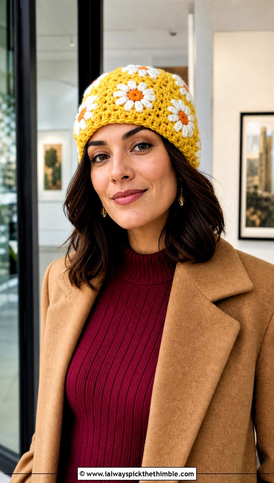 Daisy Granny Square Beanie With Sweater Dress - 25 crochet granny square beanie outfit ideas