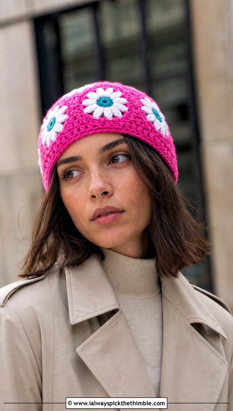 Daisy Granny Square Beanie With Trench Coat - 20 granny square beanie outfit ideas