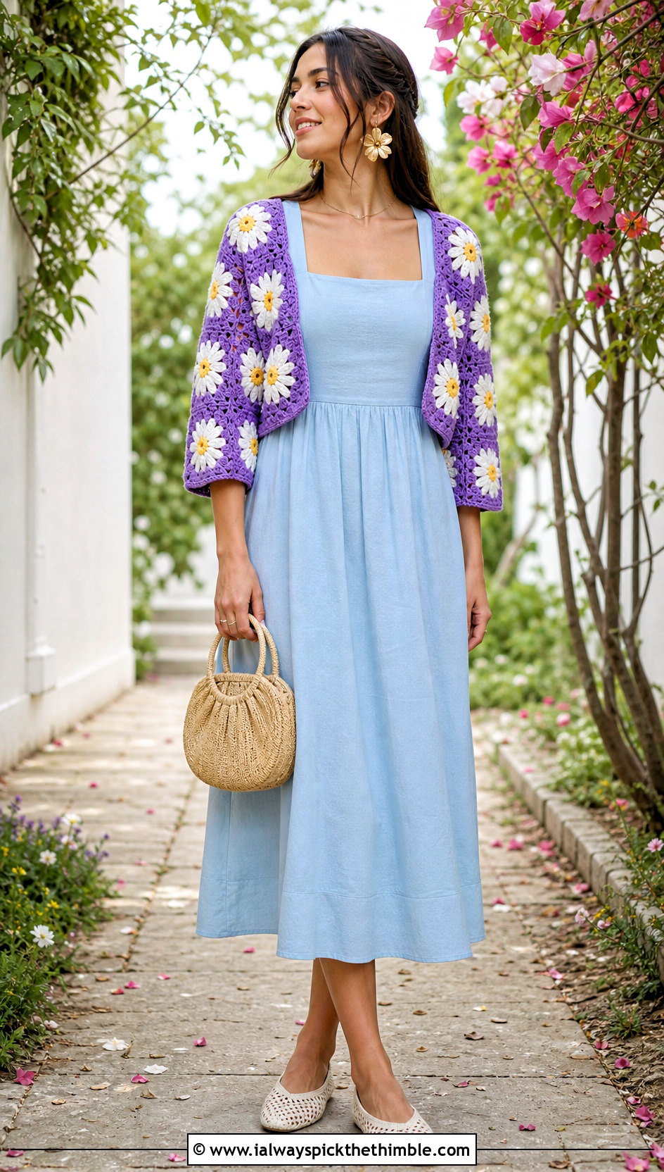 Daisy Granny Square Bolero Shrug With Summer Dress - 20 Crochet Granny Shrug outfit ideas