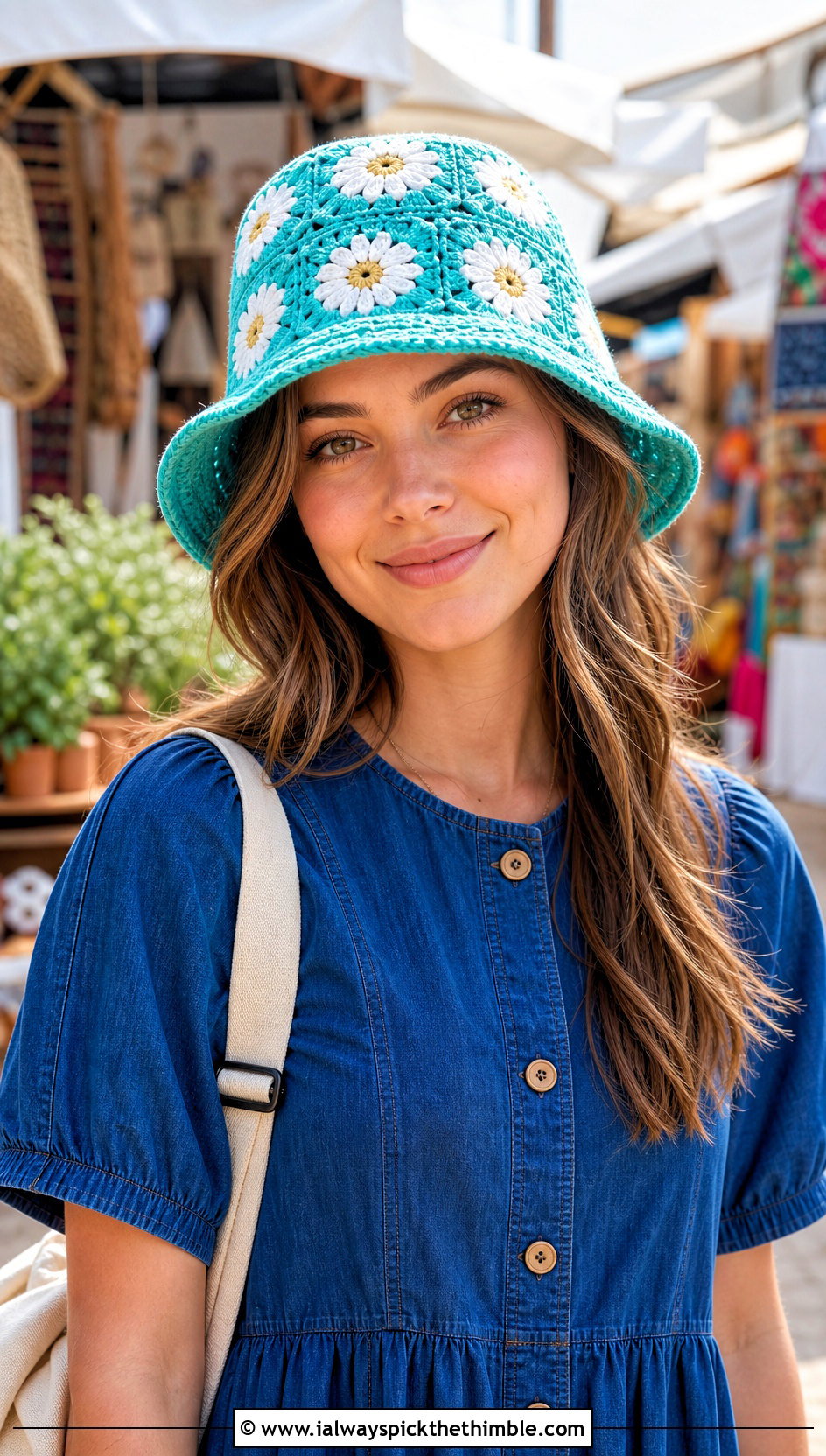 Daisy Granny Square Bucket Hat With Denim Dress And Sneakers - 20 crochet granny stitch hat outfit ideas