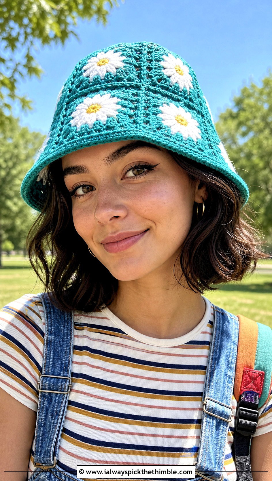 Daisy Granny Square Bucket Hat With Denim Overalls - 25 granny square hat outfit ideas