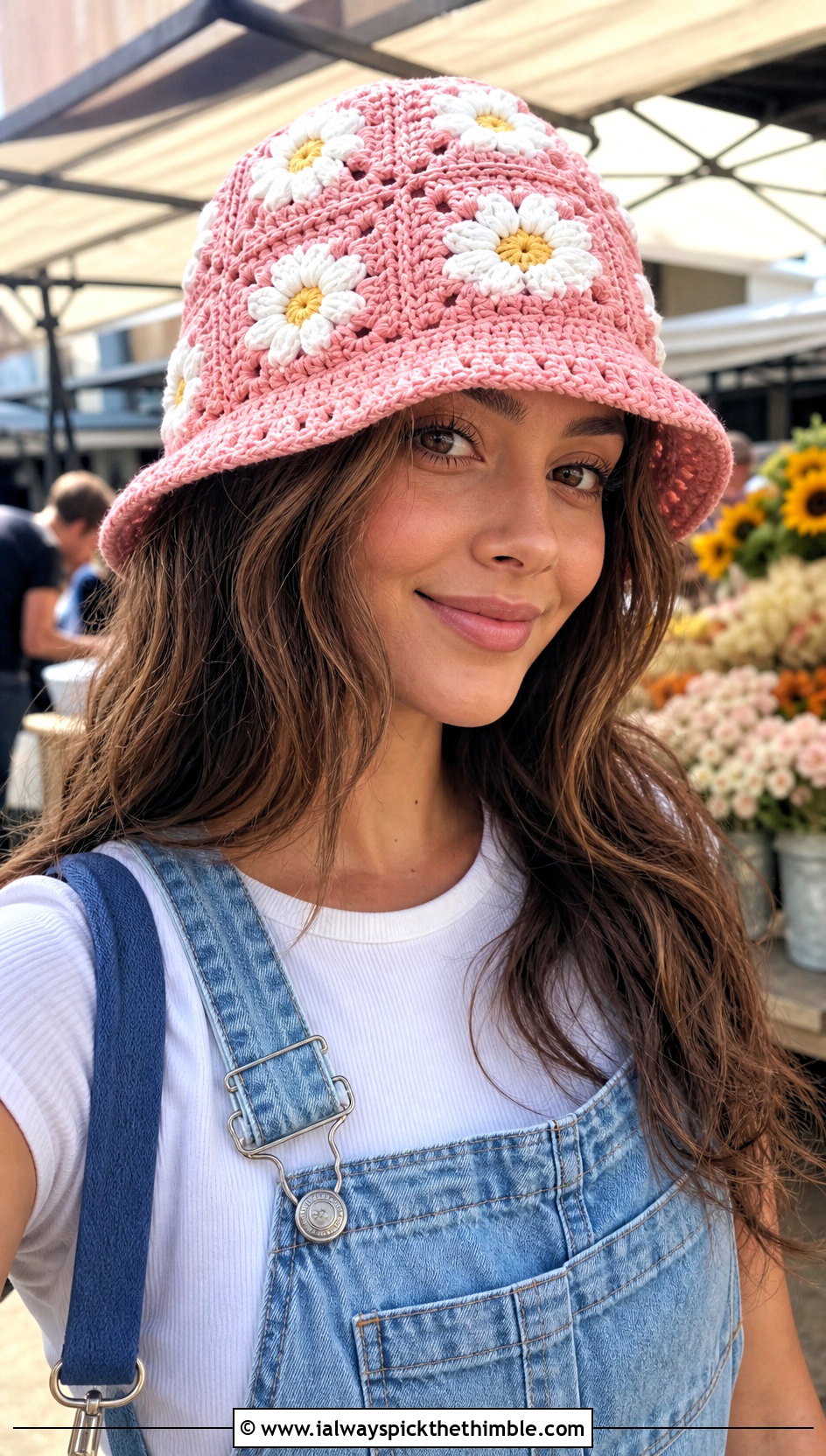Daisy Granny Square Bucket Hat With Denim Overalls - 15 Crochet Granny Square Bucket Hat outfit ideas
