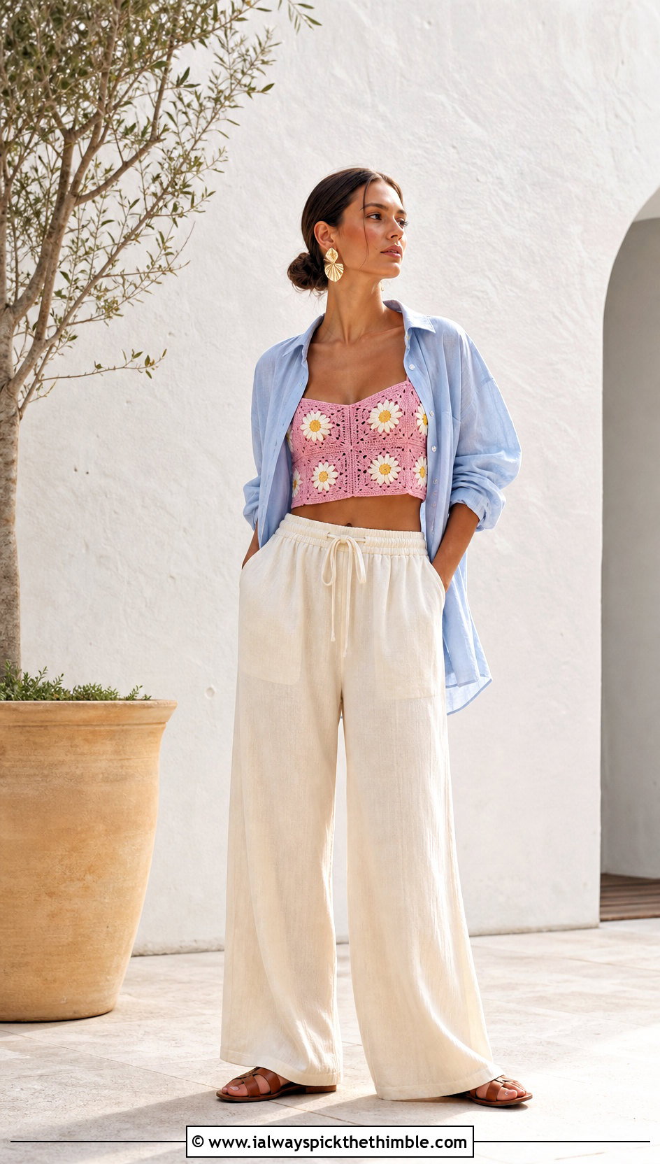 Daisy Granny Square Bustier Top With Linen Pants - 25 crochet granny square top outfit ideas