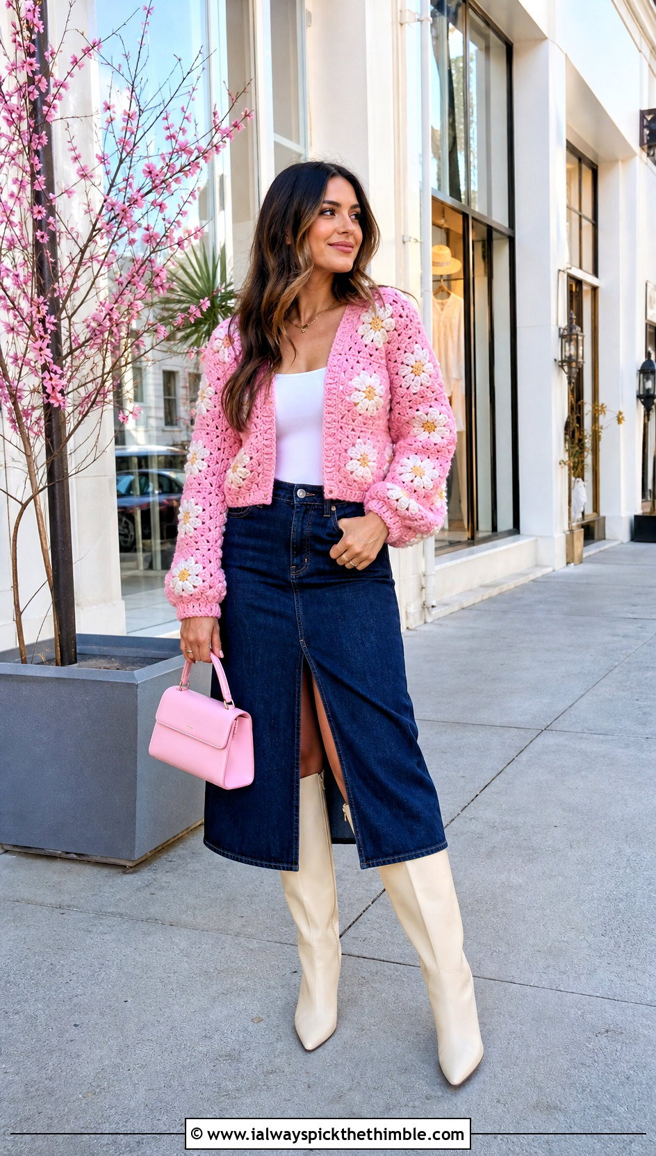 Daisy Granny Square Cardigan With Denim Midi Skirt - 20 granny squares cardigan outfit ideas
