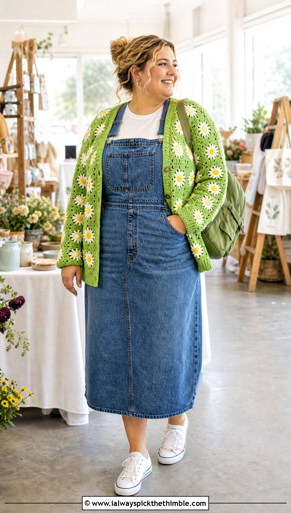 Daisy Granny Square Cardigan With Overall Dress - 20 plus size crochet granny square cardigan outfit ideas