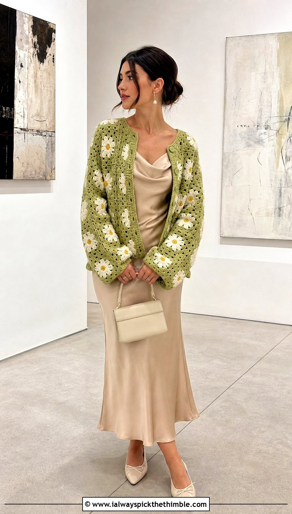 Daisy Granny Square Cardigan With Satin Slip Dress - 25 granny square cardigan outfit ideas