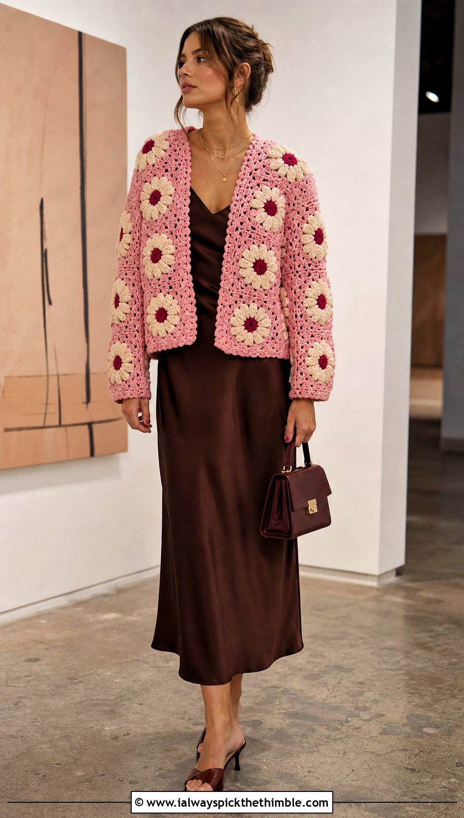 Daisy Granny Square Cardigan With Satin Slip Dress - 20 boho granny square cardigan outfit ideas