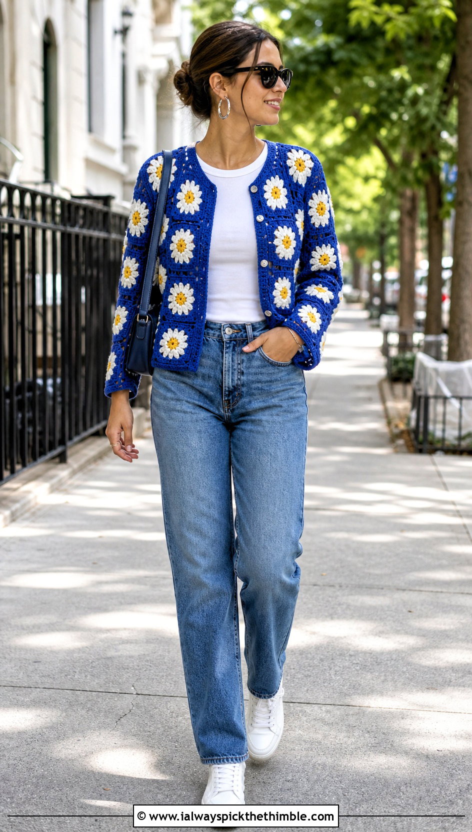 Daisy Granny Square Cardigan With Straight Leg Jeans - 25 Crochet Daisy Cardigan outfit ideas