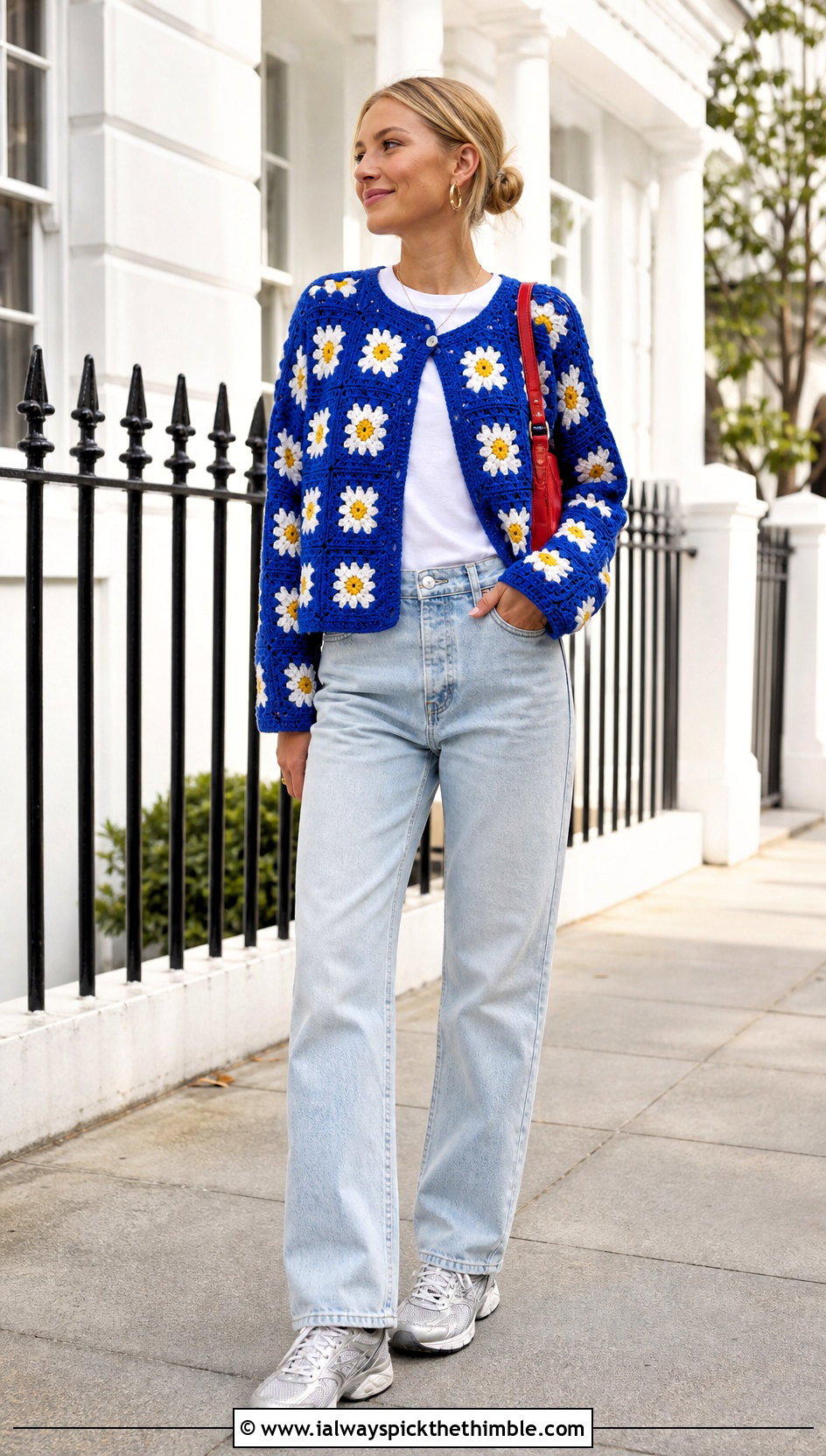 Daisy Granny Square Cardigan With Straight Leg Jeans - 20 crochet flower cardigan outfit ideas
