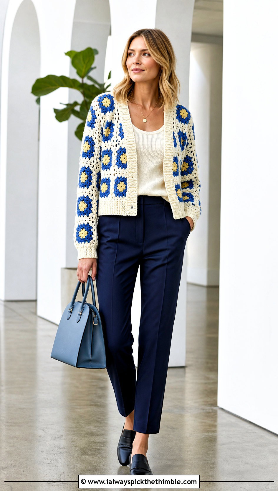 Daisy Granny Square Cardigan With Tailored Trousers - 20 crochet granny squares cardigan outfit ideas