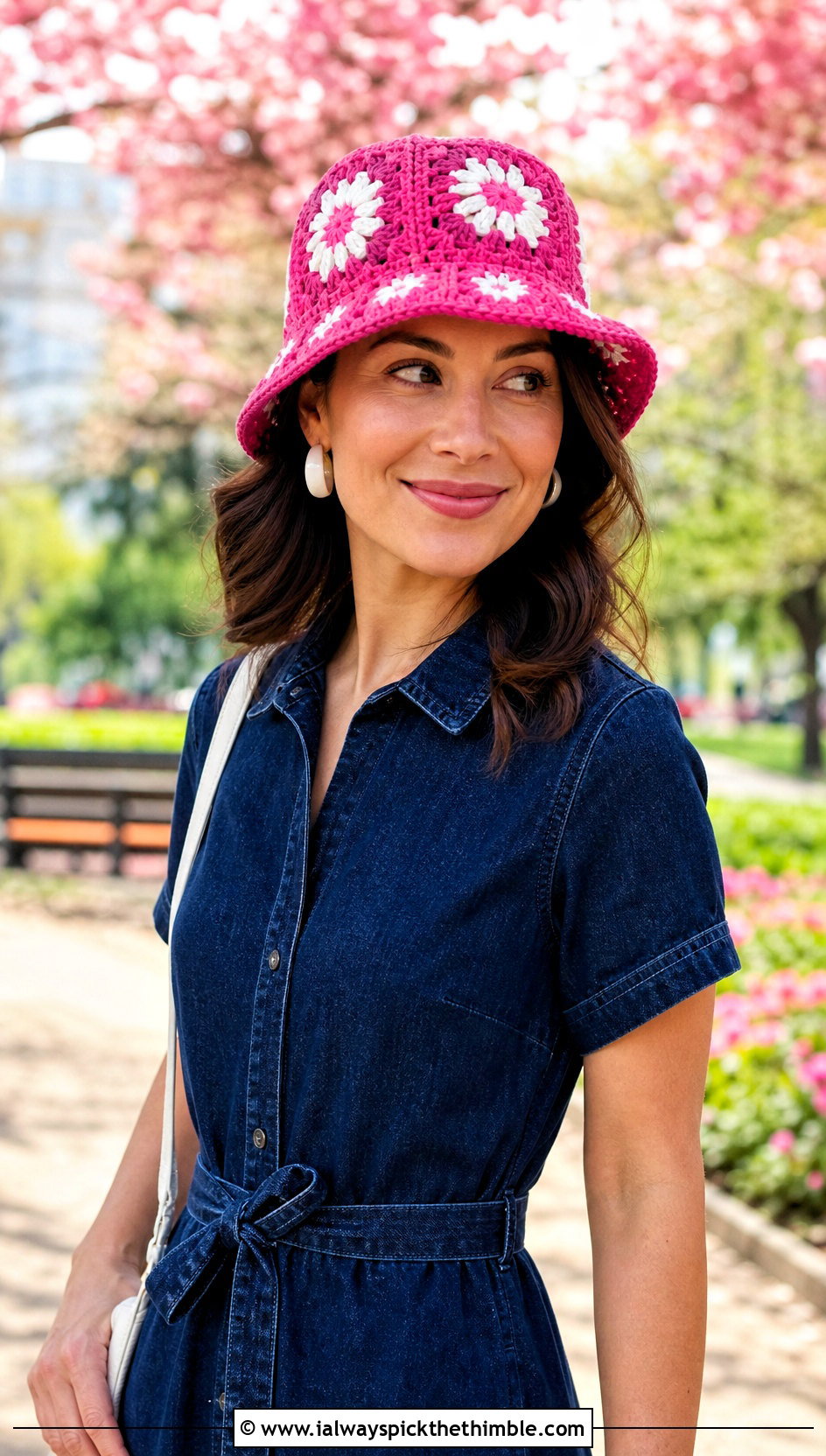 Daisy Granny Square Crochet Bucket Hat With Denim Dress - 20 easy crochet bucket hat outfit ideas