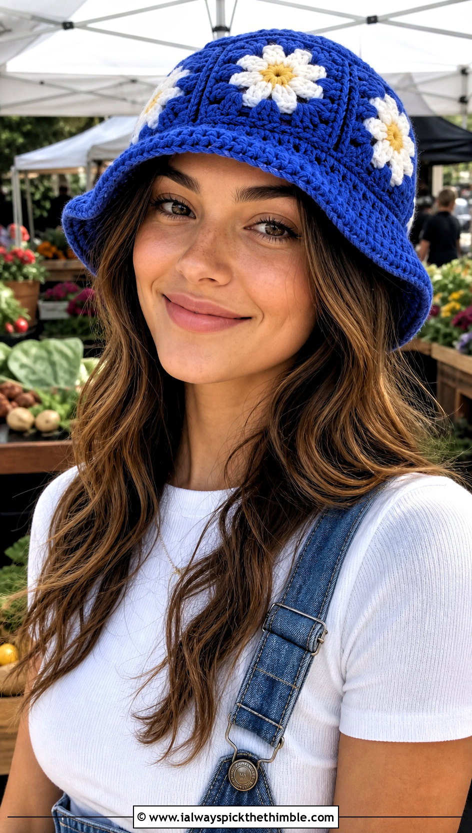 Daisy Granny Square Crochet Bucket Hat With Denim Overalls - 20 daisy crochet bucket hat outfit ideas