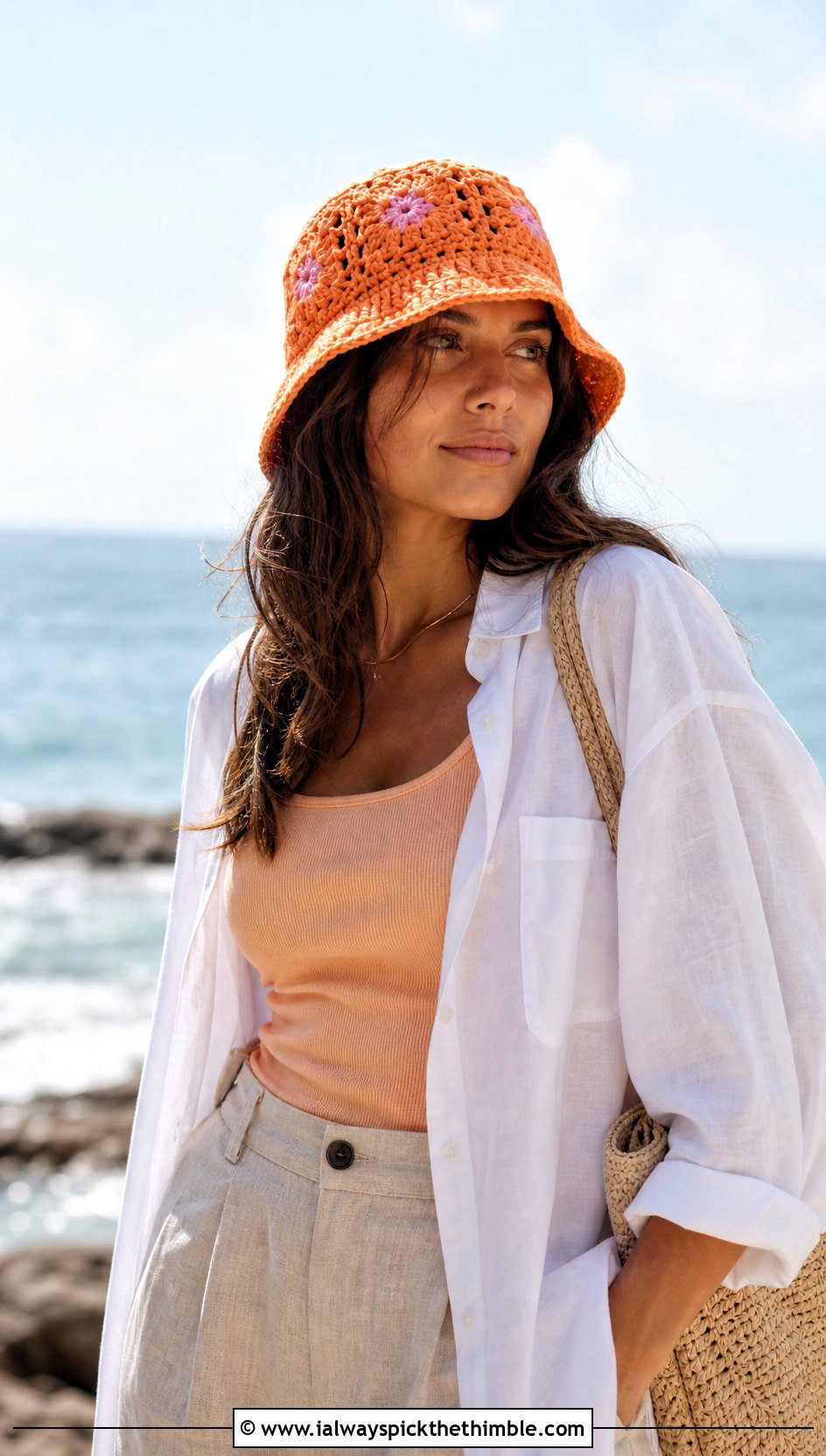 Daisy Granny Square Crochet Bucket Hat With Linen Shirt And Shorts - 25 granny square crochet bucket hat outfit ideas