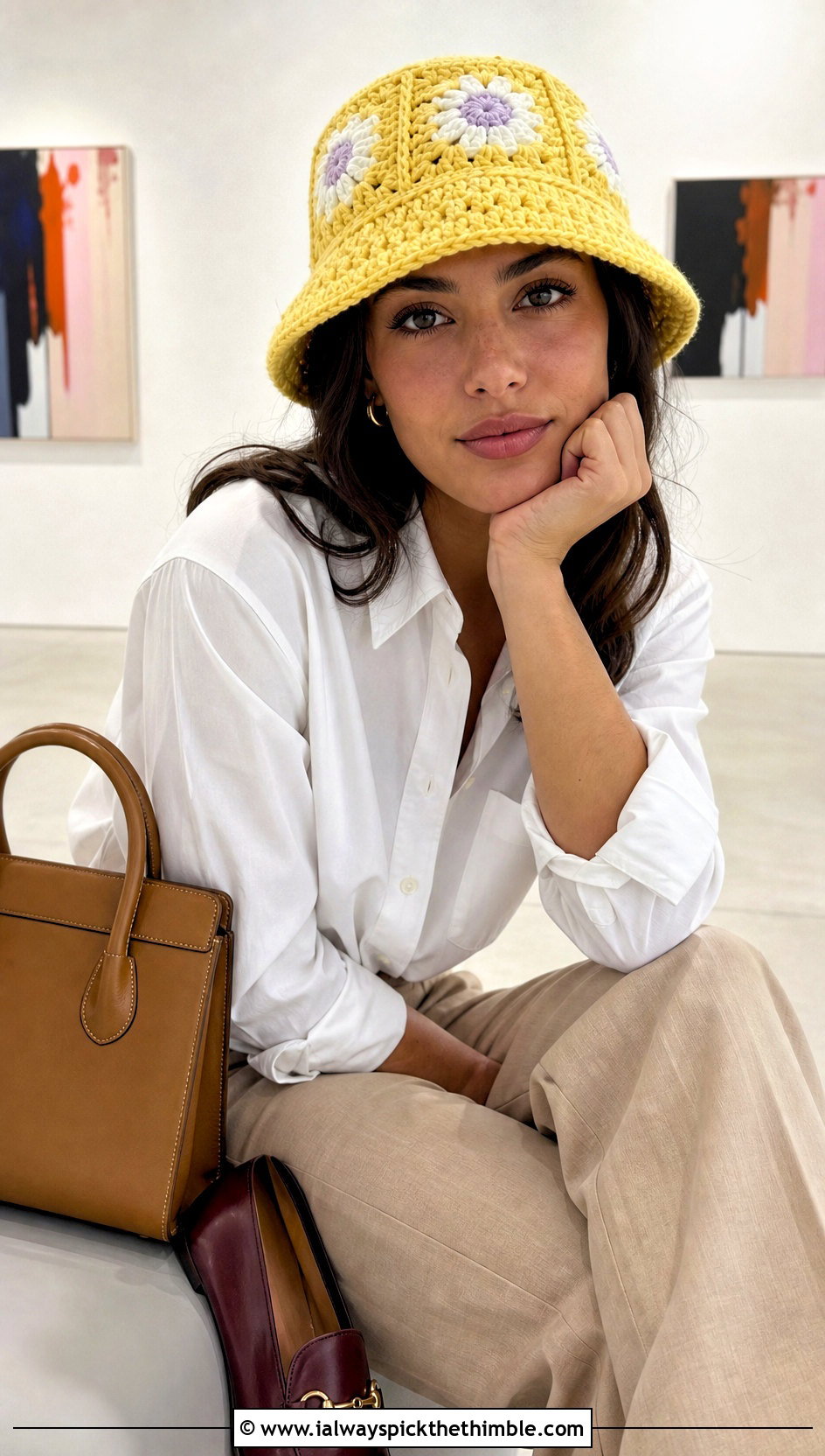 Daisy Granny Square Crochet Bucket Hat With Tailored Trousers - 20 granny crochet bucket hat outfit ideas