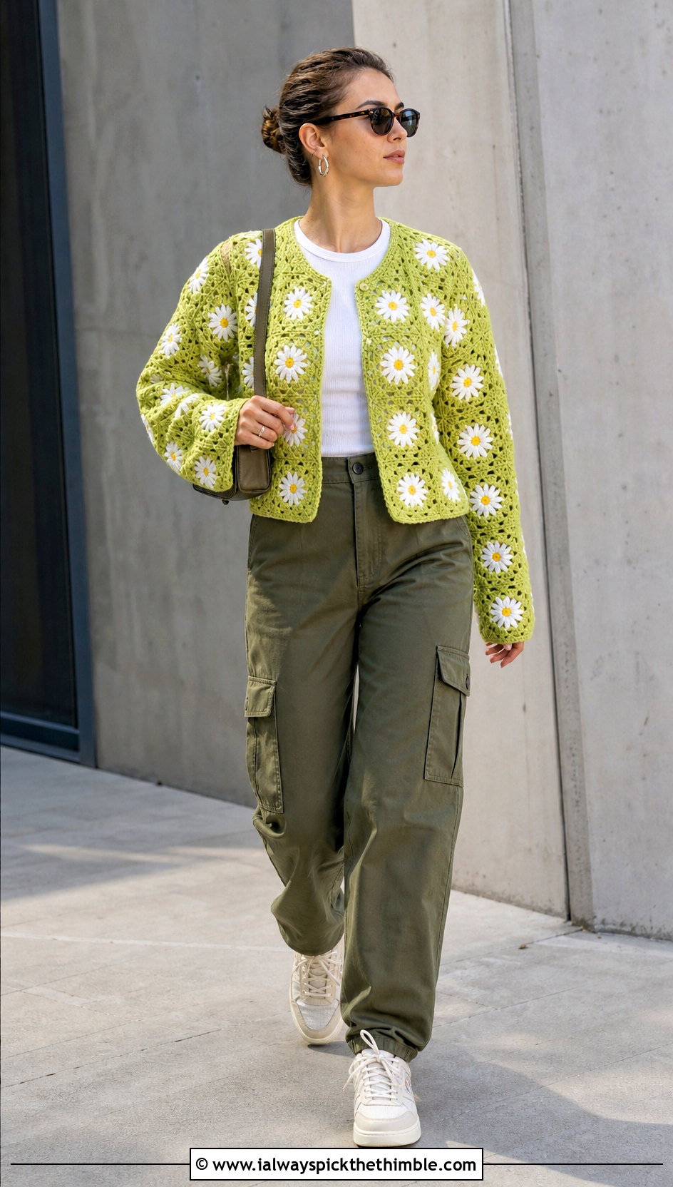 Daisy Granny Square Crochet Cardigan With Cargo Pants - 25 granny square crochet cardigan outfit ideas
