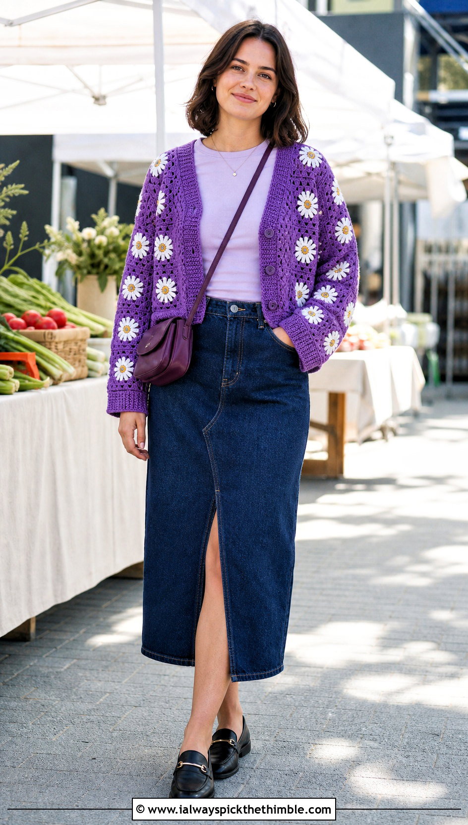 Daisy Granny Square Crochet Cardigan With Denim Midi Skirt - 20 Grant Square Crochet Cardigan outfit ideas