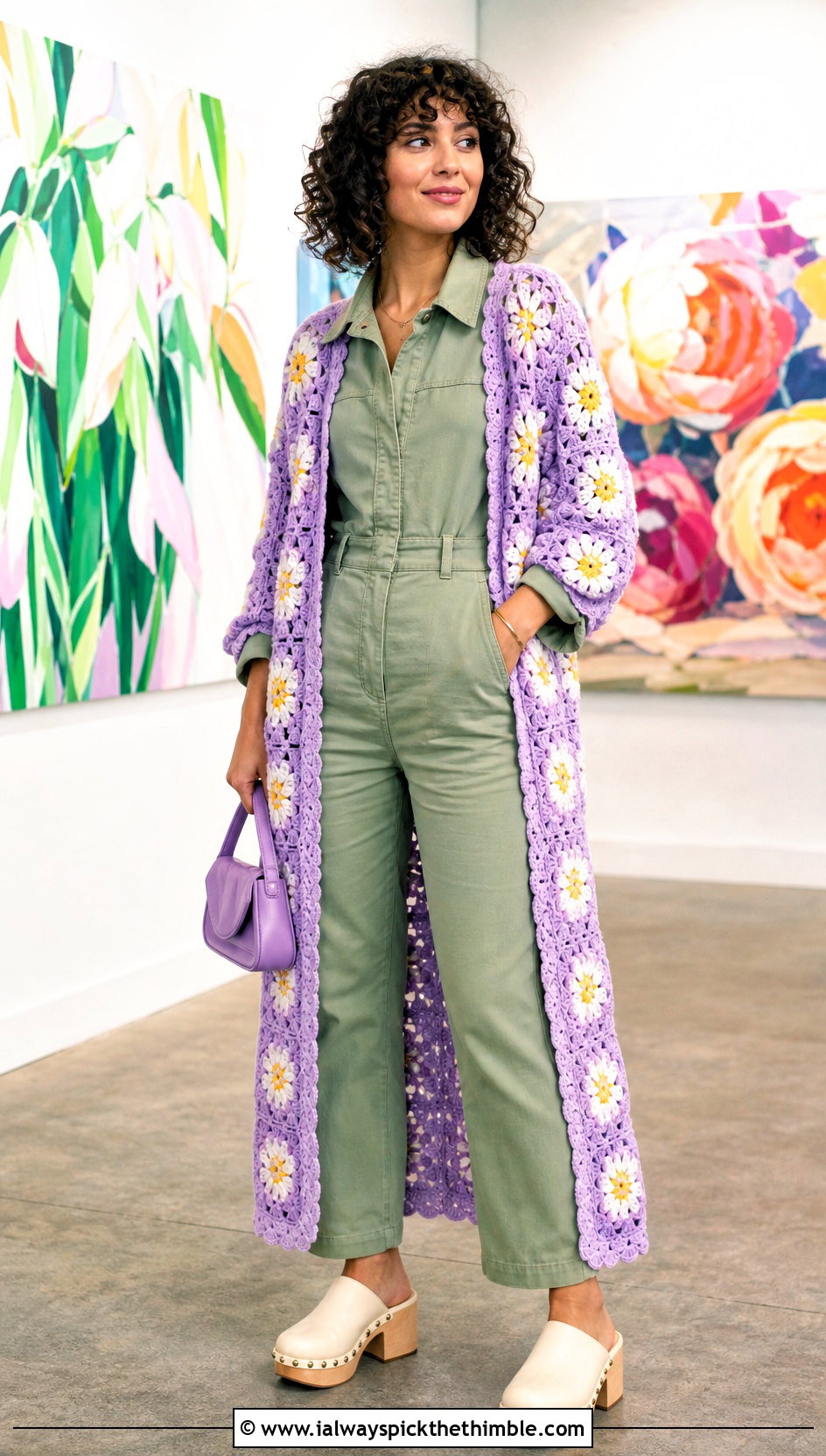 Daisy Granny Square Crochet Duster With Utility Jumpsuit - 15 Granny Square Crochet Duster outfit ideas