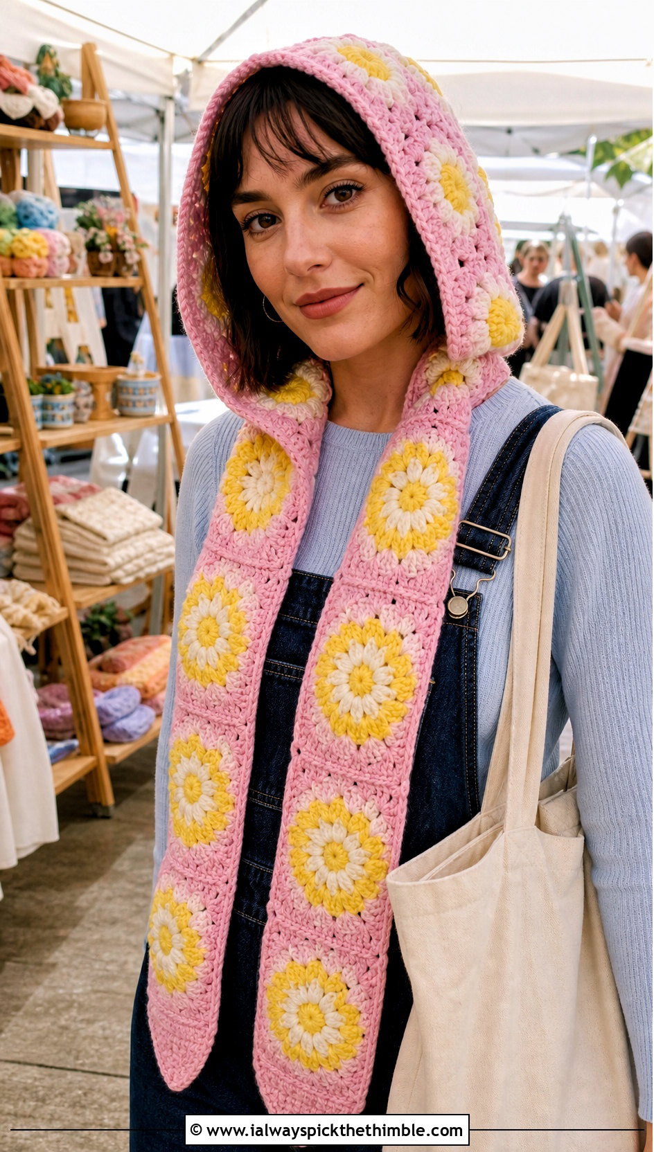 Daisy Granny Square Crochet Hooded Scarf With Denim Overalls - 20 Granny Square Crochet Hooded Scarf outfit ideas