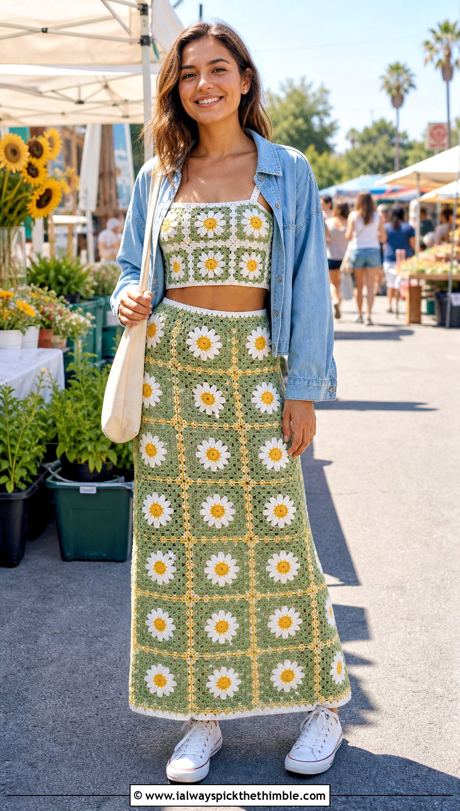 Daisy Granny Square Crochet Maxi Skirt Set With Sneakers - 25 crochet skirt set outfit ideas