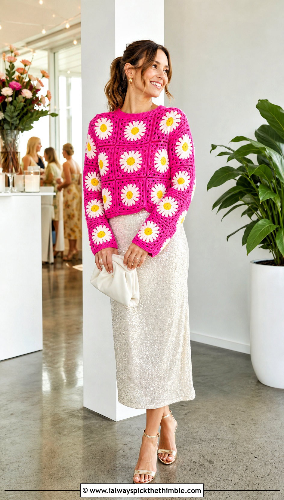 Daisy Granny Square Crochet Sweater With Sequin Skirt - 25 granny square crochet sweater outfit ideas